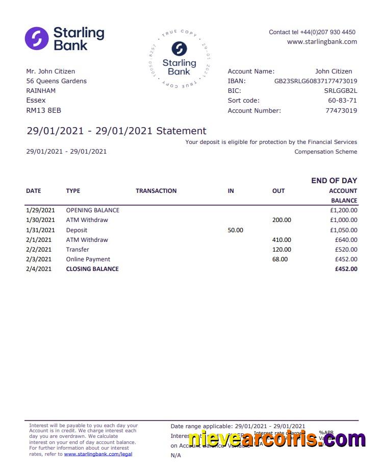 United Kingdom Starling bank statement in .xls and .pdf file format, good for address prove